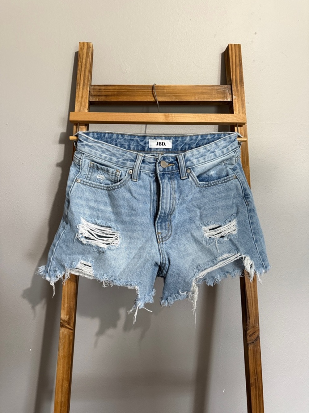 Light Blue Distressed High-Rise Denim Shorts